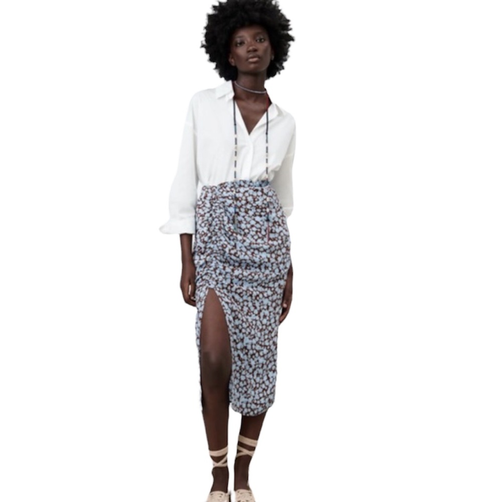 Zara Floral Side-Slit Midi Skirt - Blue